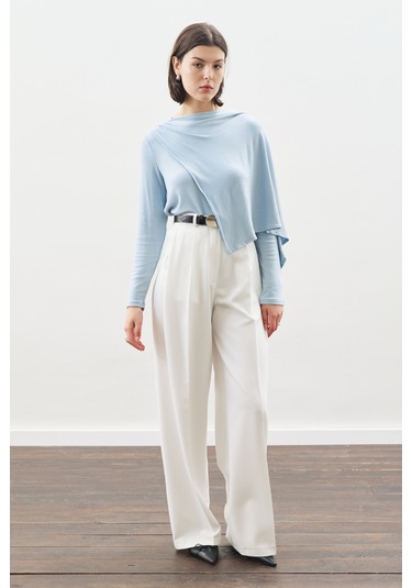 Şal Detaylı Dökümlü Bluz Mavi Mavi