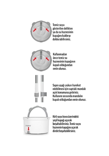 Pony Beyaz Temiz & Kirli Suyu Ayırma Özelliği Otomatik Temizlik Seti Mop Paspas