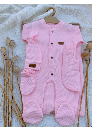 Kız Bebek Yeni Doğan Pembe 5 Parça Waffle Hastane Çıkışı Pembe