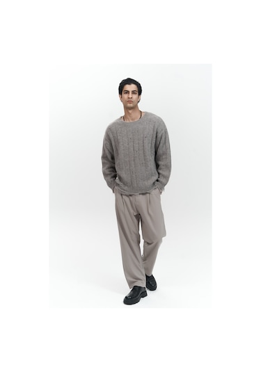 Vincent Yırtık Detay Boz Kahve Erkek Triko Kazak Kahverengi Melanj