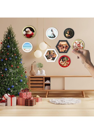 Neevoyu Ahşap Altıgen Duvar Foto Çerçevesi Seti 2 Adet - Ev Ofis Dekorasyonu Anı Görselleri İçin Kolay Kurulum