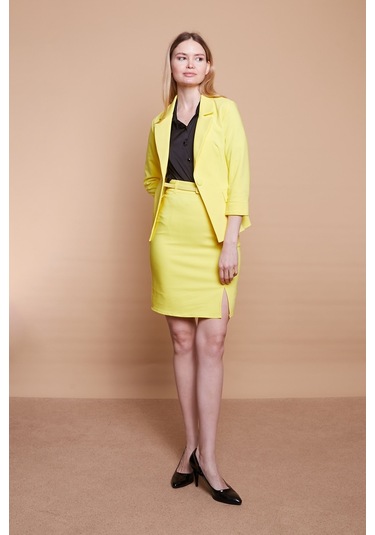 Astarlı Yüksek Bel Önden Yırtmaçlı Deri Kemerli Pamuklu Hafif Likralı Kumaş Kalem Etek Kemer Dahil -sarı - Sarı