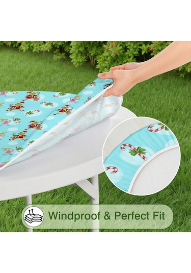 Noel Desenli Yuvarlak Elastic Masa Örtüsü, 36-44 İnç, Suya Dayanıklı, Piknik Ve Kamp İçin Noel Grinch Şeker