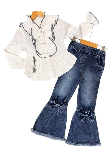 Kız Çocuk Gömleği Fırfır Pantolonu Kurdele Detaylı İkili Takım Beyaz