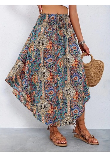 Kadın Beli Lastikli Bağcıklı Asimetrik Kesim Detaylı Desenli Bürümcük Etek Desenli