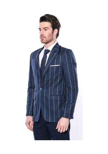 Wessi Çizgili Açık Slim Fit Lacivert Erkek Ceket Siyah
