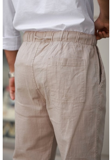 Etiler Collection Erkek Beli Lastikli Keten Rahat Pantolon Bej
