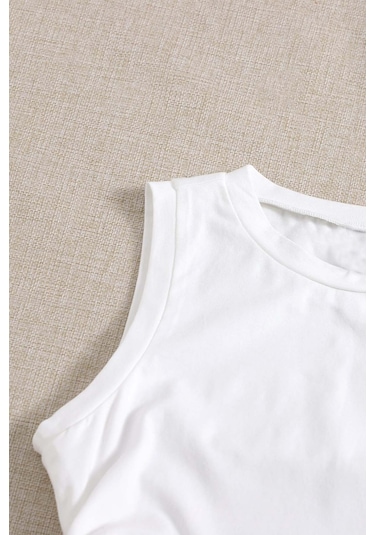 Merry See Yanları Büzgülü Kolsuz Bluz Crop Top Atlet Beyaz