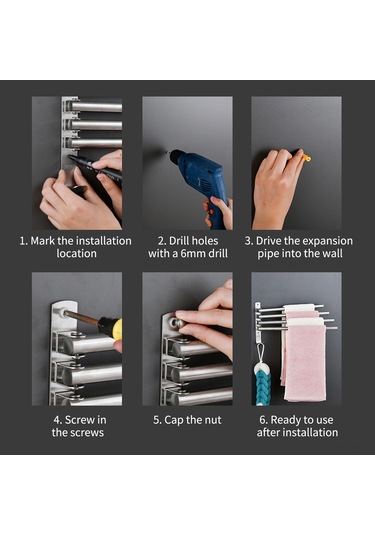 Yunboo 304 Paslanmaz Çelik 5 Barlı 180 Dönebilen, Delme/delmesiz Montajlı, Çok Amaçlı Kancalı Havlu Rakımı 34.5cm Gümüş