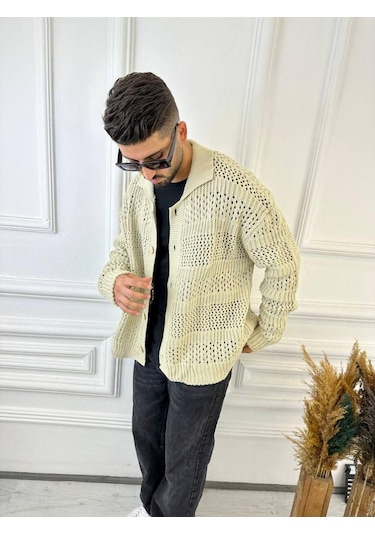 Elku Moda Hırka Oversize Özel Örgülü Triko Desenli Salaş Örgü Hırka Krem