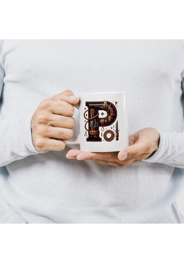 P Harfi Kovboy Temalı Bardak 330 Ml İsim / Harf Kişiye Özel Hediye - Vahşi Batı Konsept Beyaz