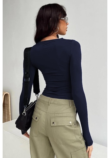 Madmext Lacivert Bisiklet Yaka Basic Uzun Kollu Body Mg1701-lacivert Lacivert