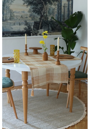 Yakacihome Juta Tarçın 5 Parça 4 Parça Amerikan Servis & 1 Parça Püsküllü Runner Jüt Kumaş Sofra Seti Tarçın
