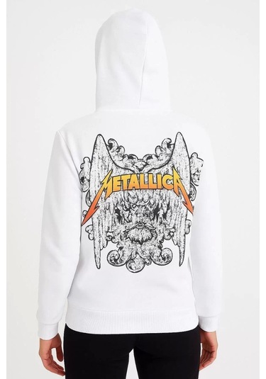 Metallica İki İplik Kapüşonlu Ön Ve Arka Baskılı Hoodie - Beyaz Beyaz