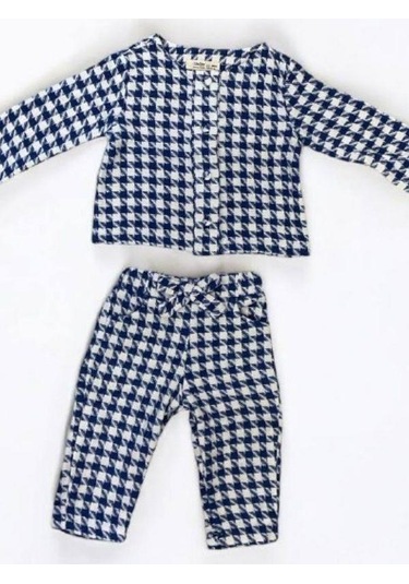 Kız Bebek Dokuma Kazayağı Desenli Ceketli Pantolon Takım-13552 Mavi