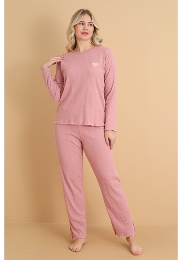 Mr-8601 Pointel Kumaş Mevsimlik Günlük Kalpli Kadın Pijama Takımı Pudra
