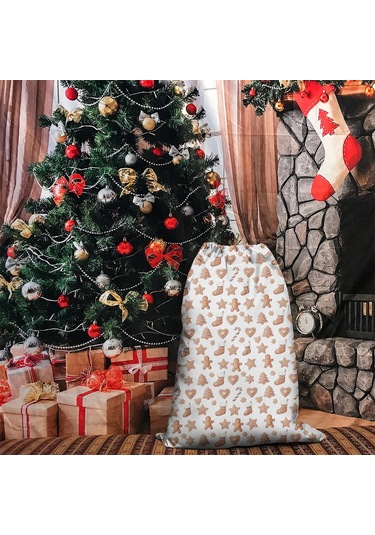 Büyük Noel Baba Hediye Çantası, Pamuklu Kordonlu, Yeniden Kullanılabilir Noel Zencefil Ekmek Kurabiye