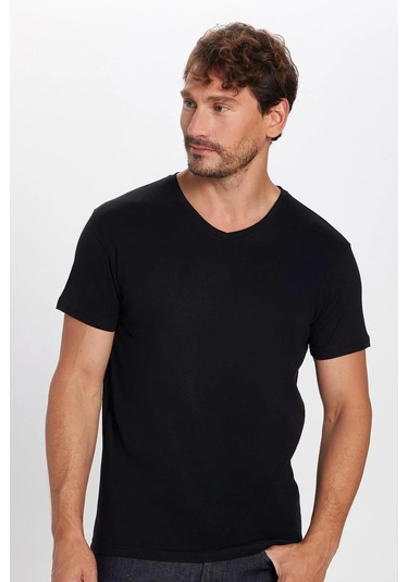 Unisex 2'li Paket Siyah-beyaz Slim Fit Dar Kesim %100 Pamuk V Yaka Tişört-33125 Siyah - Beyaz