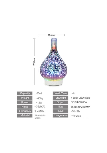 Wezone 3d Ultrasonik Nemlendirici Aromaterapi Cihazı, 100ml, 7 Renkli Led Işıklı, Otomatik Su Kapanması Özelliğiyle, Sessiz Fonksiyonlu Parfüm Dağıtıcı