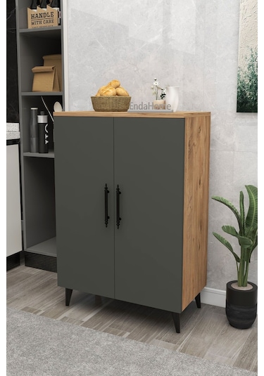 6 Raflı 4 Kapaklı Çok Amaçlı Dolap Beyaz - Atlantik Çam - Koyu Gri Çok Renkli