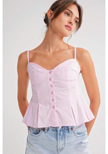 4737 Kadın Düğmeli Kuplu Pileli Bluz Pembe Pembe