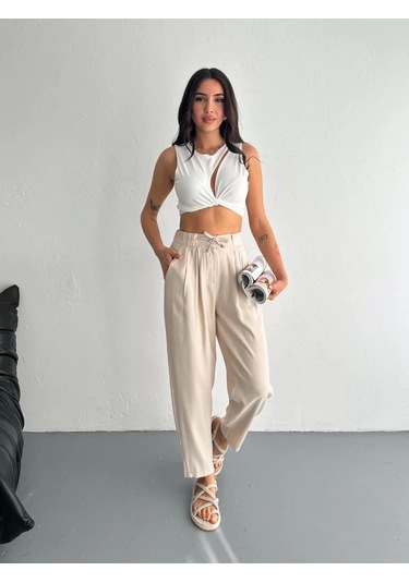 Kadın Yüksel Bel Beli Bağcıklı Rahat Boru Paça Pantalon - Kırık Beyaz Kırık Beyaz