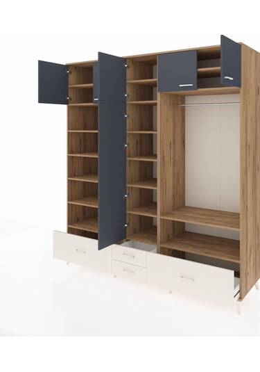 Kronos Dolap 18 Raflı 4 Çekmeceli Tek Askılı 220x59x243 Çam-antrasit/aytaşı Antrasıt/aytası