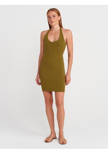 Dilvin 91508 Halter Yaka Mini Elbise-koyu Yeşil Koyu Yeşil