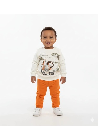Erkek Bebek Orman Hayvanları Baskılı Alt Üst İkili Gündelik Takım Turuncu