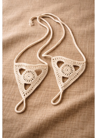 Boho Stil Barefoot Sandal El Yapımı Ekru Ayak Aksesuarı Çift