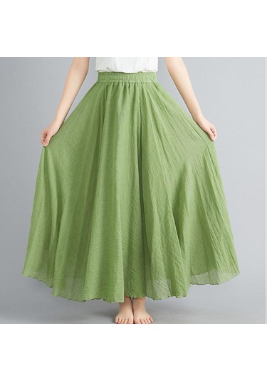 Yaz Sonbahar Kadın Etek Edebi Büyük Boy Pamuk Keten Yarım Etek Elastik Bel Keten A-line Etek Uzun Bölüm Saf Renk Rüzgar Salıncak Etek Çimen Yeşili