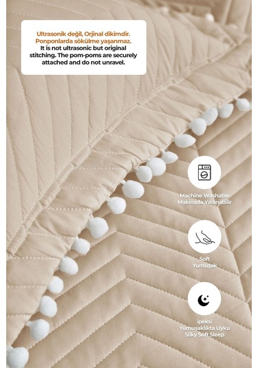 Evlen Home Ponponlu %100 Pamuk Tek Kişilik Günlük Yatak Örtüsü Pike Takımı Seti Bej
