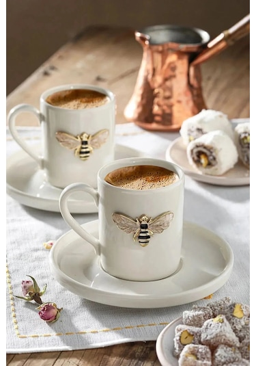 2 Kişilik Beyaz Porselen Arı Kahve Fincan Takımı Sunum Fincanı Beyaz