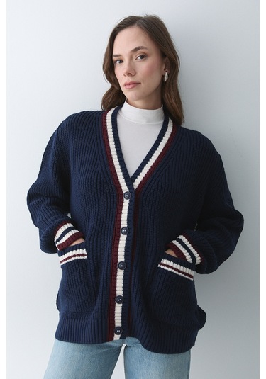 Lacivert - Bordo Renkli Cepli Hırka - 241143 Lacivert