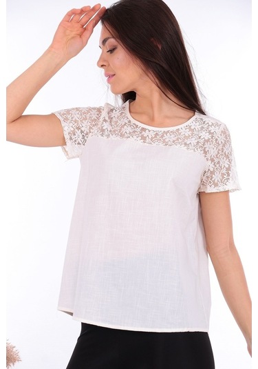 Bluz Yakası Dantel Detaylı Pamuklu Keten