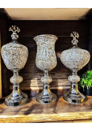 3'lü Dekoratif Prestij Dekoratif Vazo Set - Ekru Ekru