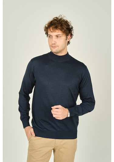 Ateş Triko Erkek Yarım Balıkçı Yaka Yün Kazak 0004 Indigo Indigo İndigo