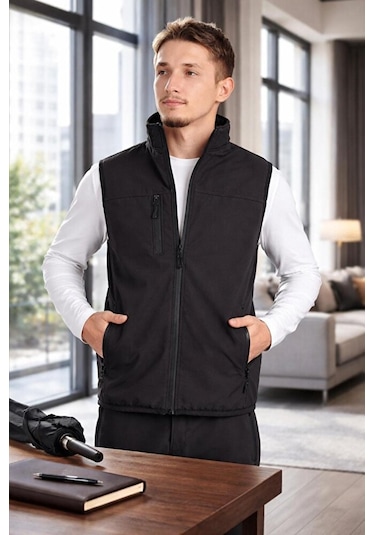 Vatan Tekstil Dik Yaka Slim Fit 3 Cepli Softshell Erkek Yelek Su İtici Kumaş Gri