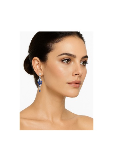 Safir Taşlı Pırlanta Model Çiçek Demeti Sallantılı Kadın Gümüş Küpe Gümüş