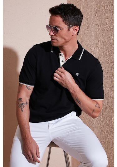Buratti % 100 Pamuk Düğmeli Regular Fit Erkek Polo Yaka T Shirt 5902118 Siyah-Beyaz