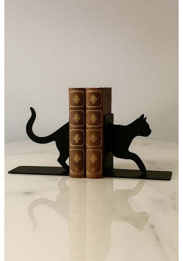 Kedi Figürlü Metal Kitap Tutucu 2 Li Set Dekoratif Hayvan Temalı Kitaplık Aksesuarı