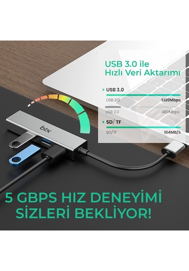 Bix BX06HB 5Gbps 10/100/1000Mbps RJ45 Ethernet Dönüştürücü USB 3.0 Çoklayıcı Adaptör