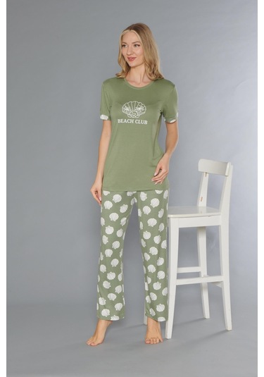 Flz Kısa Kol Yazlık Viskon Pijama Takımı Beach Club Flz 88-110 YESIL