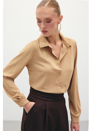 Düz Klasik Gömlek - Camel-135611 CAMEL
