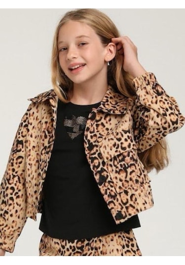 Kız Çocuk Leopar Desenli Tek Cepli Ceket-15592 Kahverengi