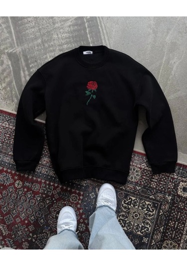 Unisex Bisiklet Yaka Ön Ve Arka Baskılı Sweatshirt - Siyah renkli Çok Renkli