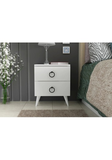 Komidin 2 Çekmeceli Beyaz Siyah Kulplu Konik Ayaklı Kurulu