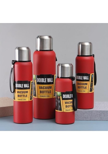 Novahub Kırmızı Erkek Büyük Kapasiteli Termos Bardak Paslanmaz Çelik Vakum Çay Bardağı Kurşun Kafalı Ve Taşıma Halatlı 1 L Kırmızı