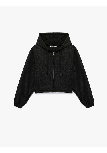 Koton Şardonlu Kapüşonlu Baskılı Cep Detaylı Fermuarlı Sweatshirt Siyah 6wal10488ık Siyah