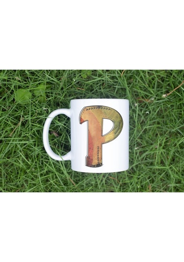 P Harf Yaprak Renkleri İle Kupa Bardak - Kişiye Özel Alfabe Harfli Bardak - Hediye Beyaz